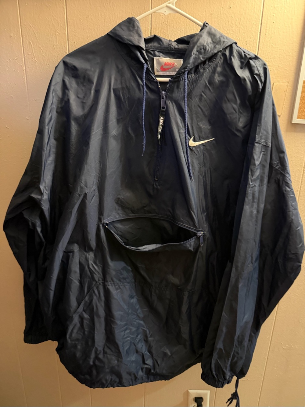 Nike Dark Blue Pullover Hooded Windbreaker with White Swoosh with front pocket